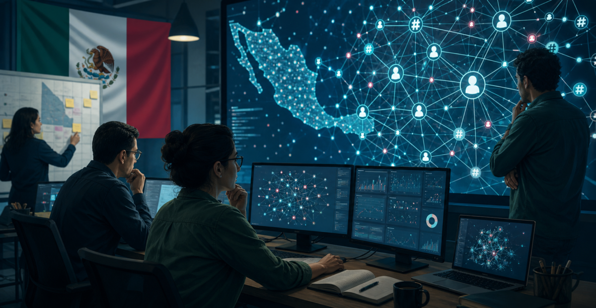 Investigadores analizando una red de interacciones digitales y