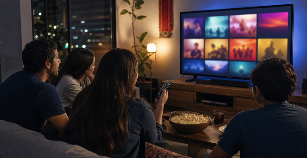 Personas eligen contenido de streaming frente a una pantalla en una sala mexicana.