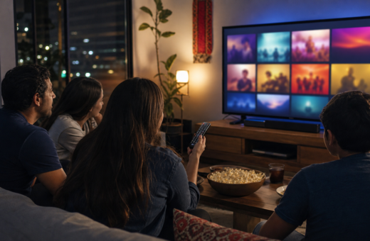 Personas eligen contenido de streaming frente a una pantalla en una sala mexicana.
