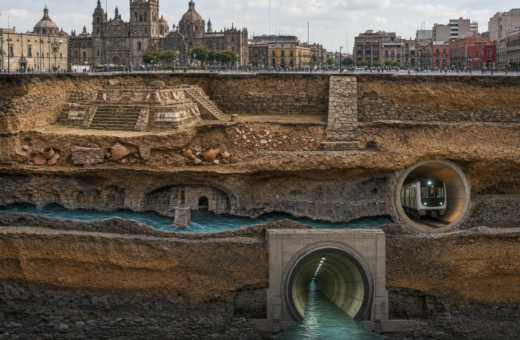 Corte ilustrado del subsuelo de la Ciudad de México con arqueología, Metro, ríos y drenaje profundo.