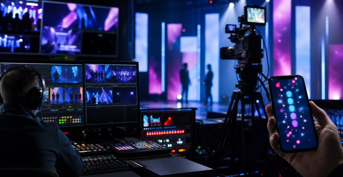 Sala de control de televisión con cámaras, pantallas abstractas y participación digital de la audiencia.