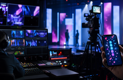 Sala de control de televisión con cámaras, pantallas abstractas y participación digital de la audiencia.