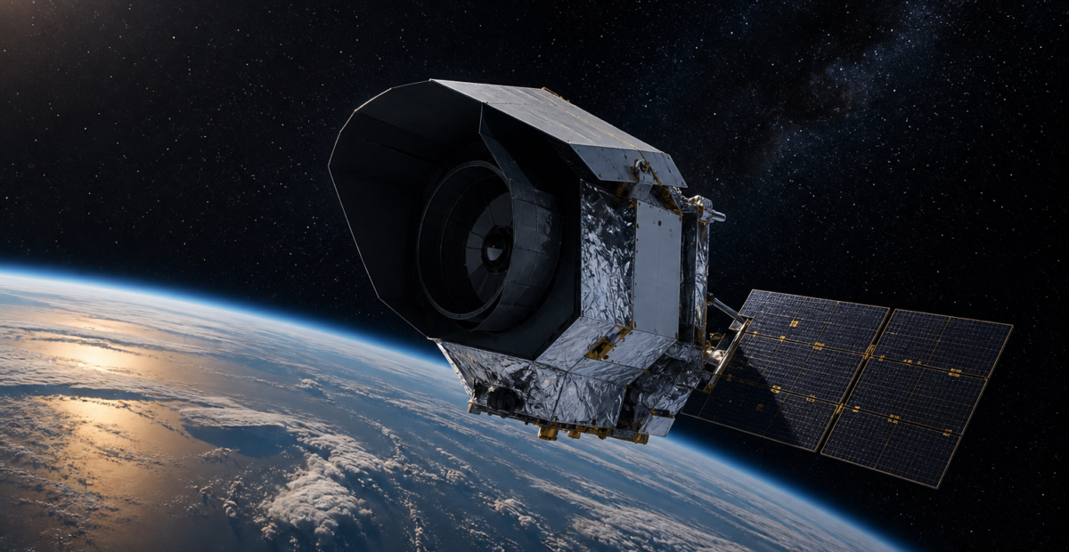 Telescopio espacial Roman en órbita sobre la Tierra y frente a un cielo estrellado