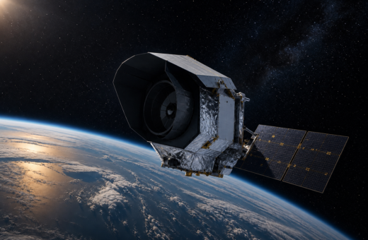 Telescopio espacial Roman en órbita sobre la Tierra y frente a un cielo estrellado