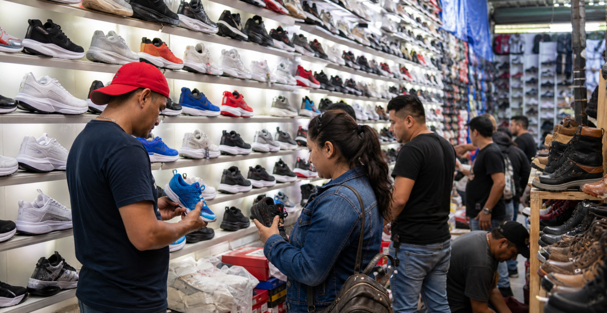 Compradores revisan tenis deportivos en un establecimiento de venta individual y mayoreo en la Gustavo A. Madero.