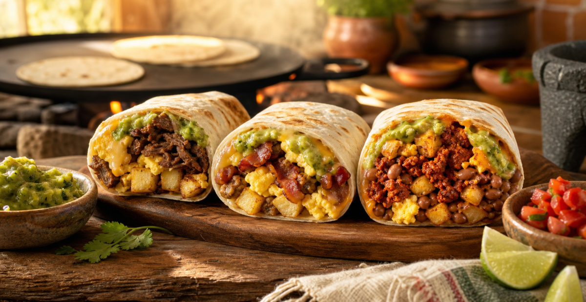 Tres burritos de desayuno abiertos: uno de brisket, uno de tocino y salchicha, y uno de chorizo con papas.