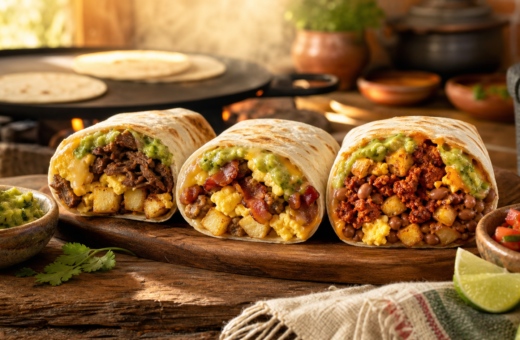 Tres burritos de desayuno abiertos: uno de brisket, uno de tocino y salchicha, y uno de chorizo con papas.