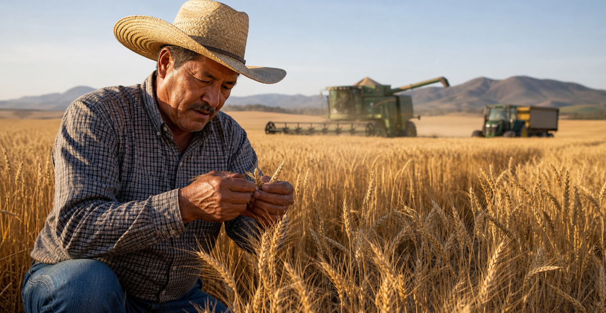 Productor mexicano revisa espigas de trigo en un campo dorado durante la temporada de cosecha.