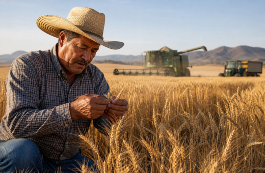 Productor mexicano revisa espigas de trigo en un campo dorado durante la temporada de cosecha.