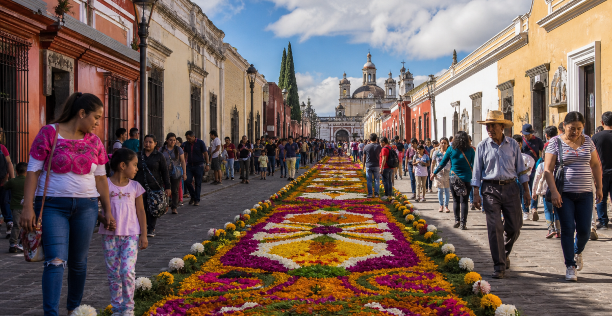 Visitantes recorren una calle de Huamantla decorada con un tapete de flores de colores