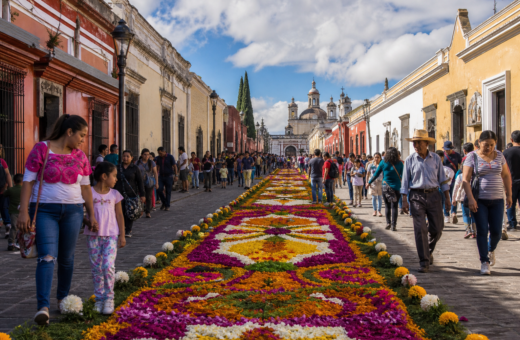 Visitantes recorren una calle de Huamantla decorada con un tapete de flores de colores