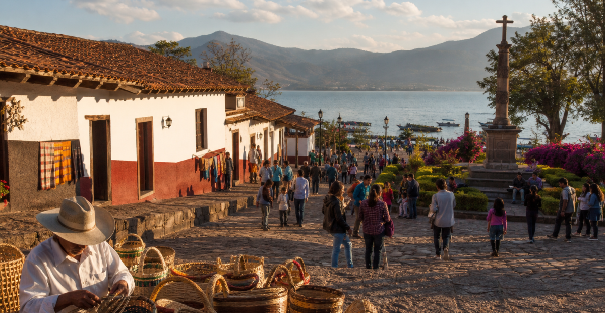 Visitantes recorren una plaza de Pátzcuaro frente al lago entre artesanías y arquitectura tradicional