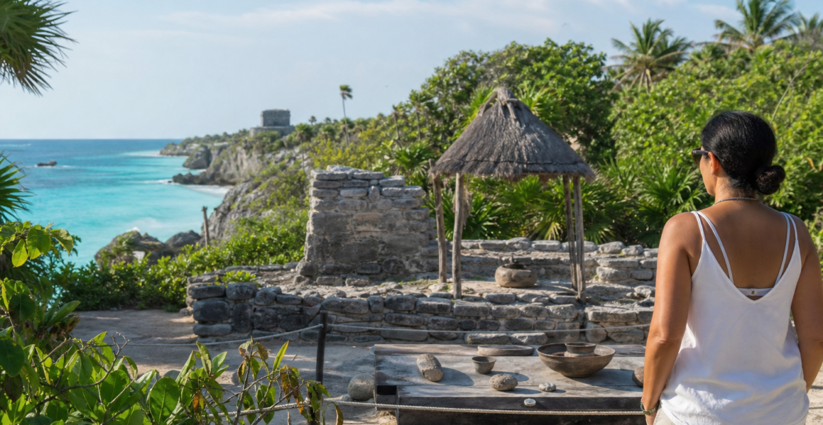 Visitante observa un espacio patrimonial junto a la costa caribeña de Xel-Há