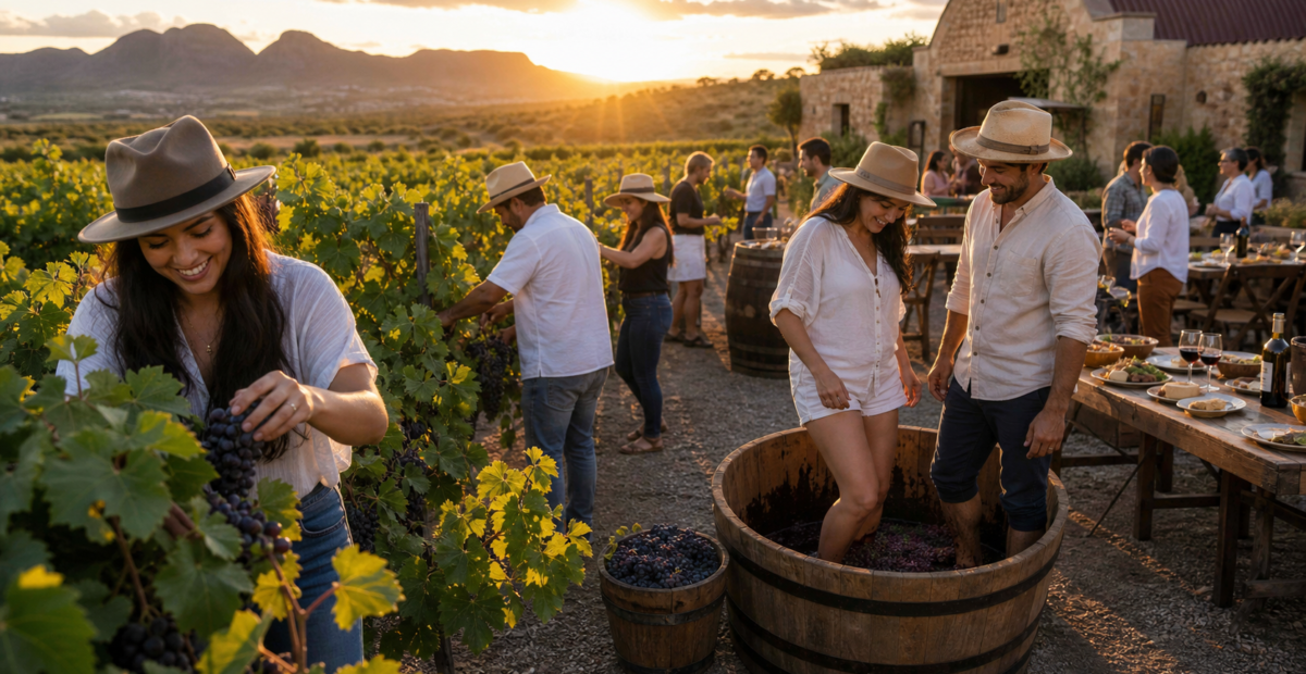 Viñedo de Chihuahua durante una vendimia con visitantes, uvas y paisaje vitivinícola al atardecer.