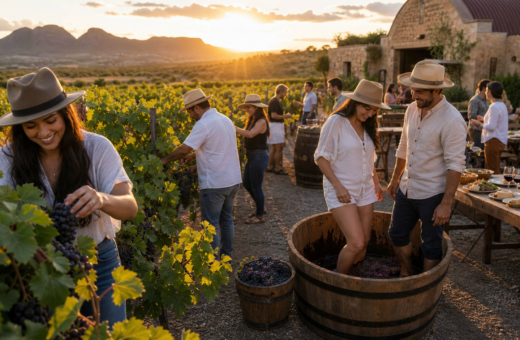 Viñedo de Chihuahua durante una vendimia con visitantes, uvas y paisaje vitivinícola al atardecer.