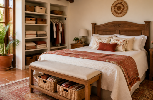 Recámara ordenada con textiles coordinados, cajas etiquetadas y superficies despejadas.
