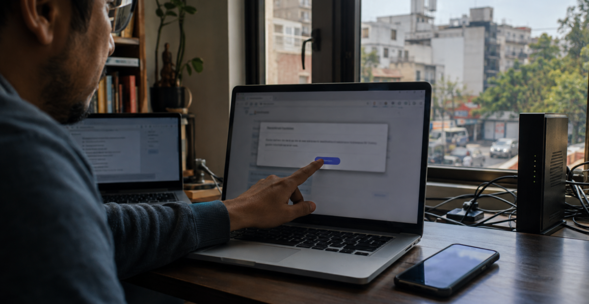 Usuario actualiza un navegador en una laptop desde un departamento urbano mexicano, con módem y teléfono sobre el escritorio.
