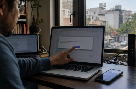 Usuario actualiza un navegador en una laptop desde un departamento urbano mexicano, con módem y teléfono sobre el escritorio.