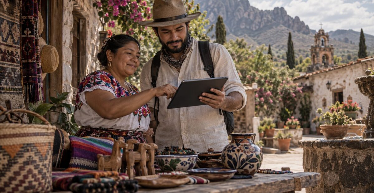Ilustración de una guía y una artesana que revisan una reserva en una tableta junto a productos locales.