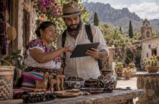 Ilustración de una guía y una artesana que revisan una reserva en una tableta junto a productos locales.