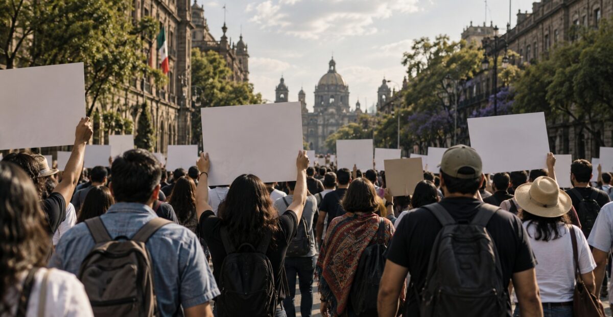 Ilustración conceptual de una marcha pacífica vista desde atrás en un boulevard capitalino, con carteles sin texto.