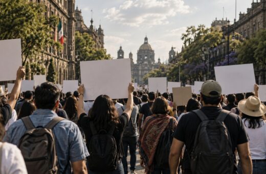 Ilustración conceptual de una marcha pacífica vista desde atrás en un boulevard capitalino, con carteles sin texto.