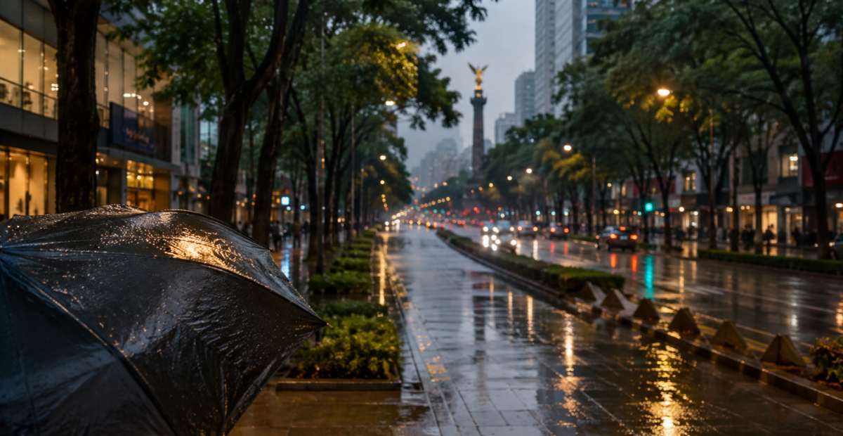 Avenida de Ciudad de México durante una lluvia vespertina con paraguas y reflejos urbanos.