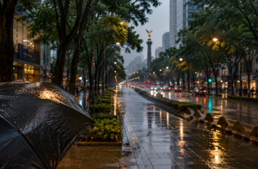 Avenida de Ciudad de México durante una lluvia vespertina con paraguas y reflejos urbanos.