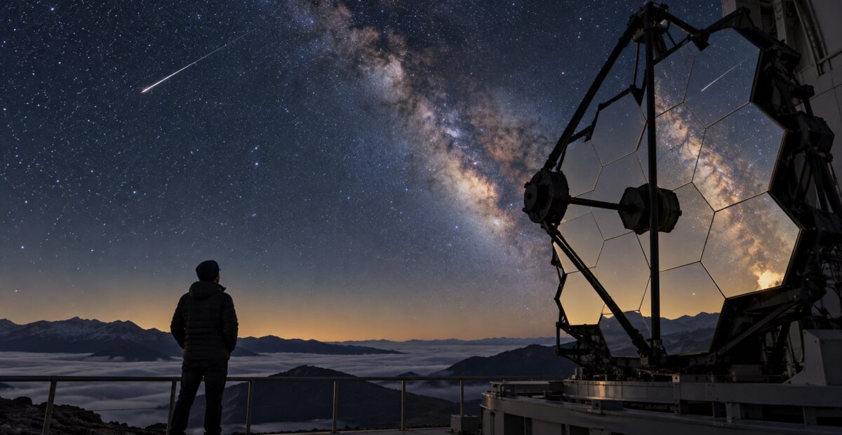 Ilustración editorial de una estela de meteoro y su reflejo en segmentos de un espejo de observatorio bajo la Vía Láctea.