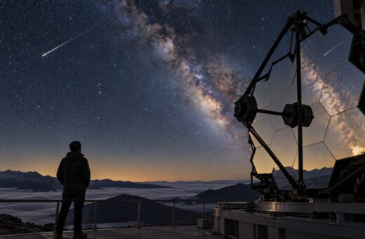 Ilustración editorial de una estela de meteoro y su reflejo en segmentos de un espejo de observatorio bajo la Vía Láctea.