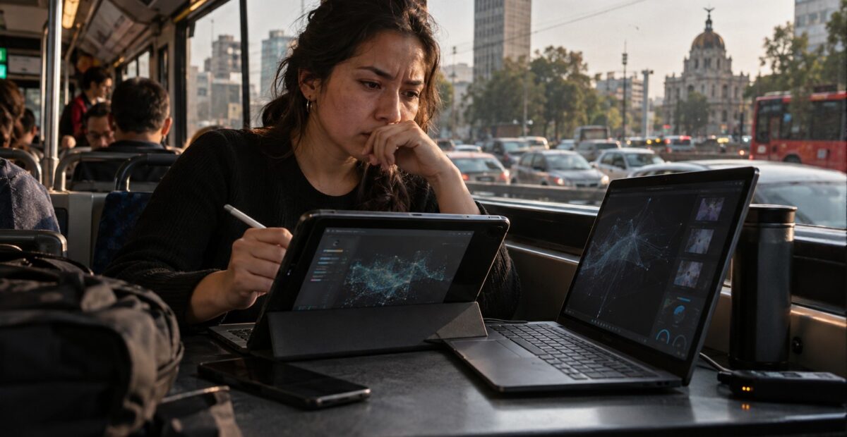 Ilustración de una usuaria que trabaja con una tableta convertible y una computadora portátil junto a una ventana.