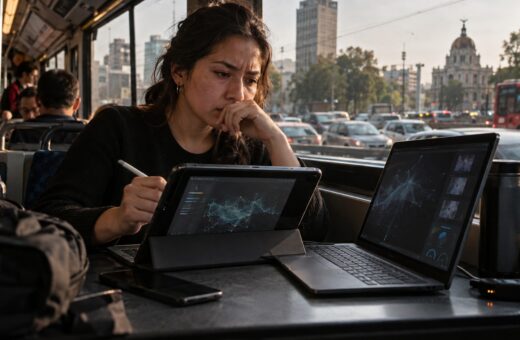 Ilustración de una usuaria que trabaja con una tableta convertible y una computadora portátil junto a una ventana.