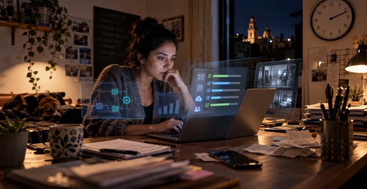 Ilustración conceptual de una usuaria que revisa tareas automatizadas en una computadora durante la noche.