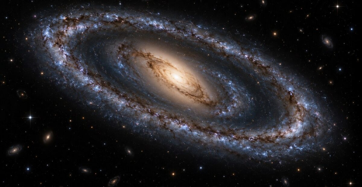 Ilustración editorial de una galaxia espiral con brazos externos y una región central alargada de orientación diferente.