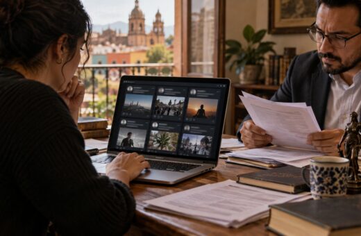 Ilustración de revisión de publicaciones anónimas en una computadora junto a documentos de análisis jurídico.