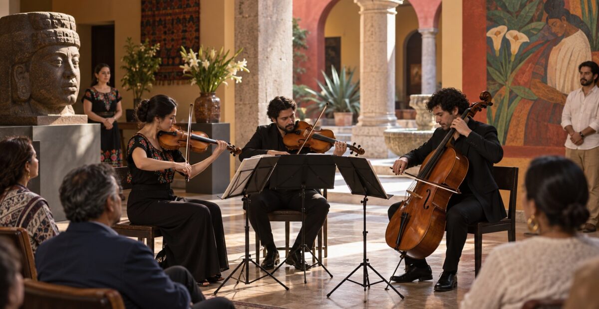Ilustración de un trío de violín, viola y violonchelo ante oyentes en un vestíbulo cultural.