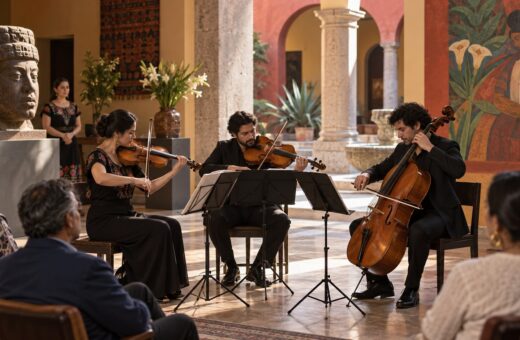 Ilustración de un trío de violín, viola y violonchelo ante oyentes en un vestíbulo cultural.