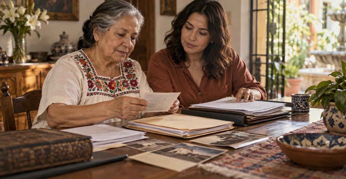 Ilustración de dos mujeres que organizan una carpeta de documentos patrimoniales en casa; no muestra datos personales reales.
