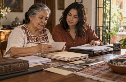 Ilustración de dos mujeres que organizan una carpeta de documentos patrimoniales en casa; no muestra datos personales reales.
