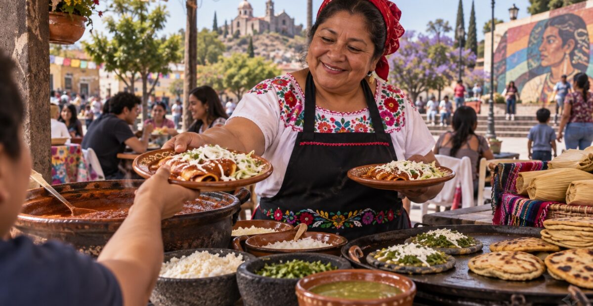 Ilustración de una cocinera sirviendo enchiladas y antojitos en un puesto al aire libre.