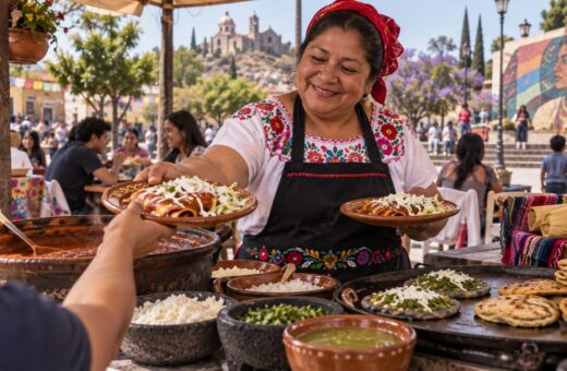 Ilustración de una cocinera sirviendo enchiladas y antojitos en un puesto al aire libre.