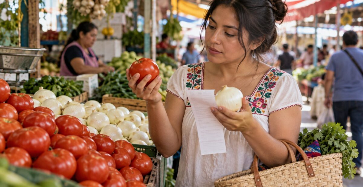 Ilustración de una persona comparando jitomates y cebollas junto a una lista de compra en un mercado.