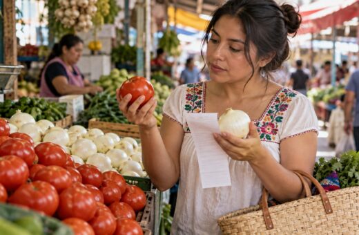 Ilustración de una persona comparando jitomates y cebollas junto a una lista de compra en un mercado.