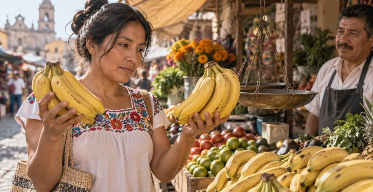 Ilustración de una persona que compara plátanos en un puesto de mercado, sin precios inventados en los letreros.