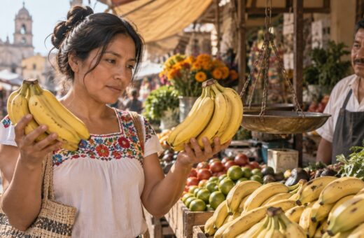Ilustración de una persona que compara plátanos en un puesto de mercado, sin precios inventados en los letreros.