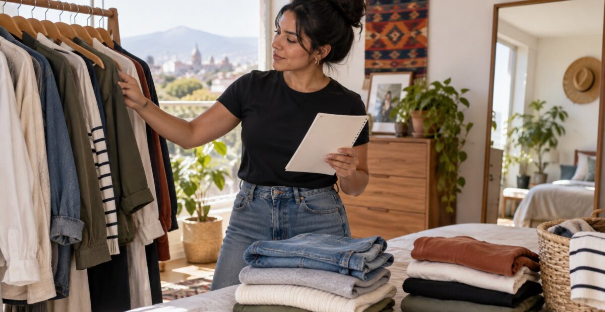 Ilustración de una persona revisando y doblando su ropa antes de planear nuevas compras.