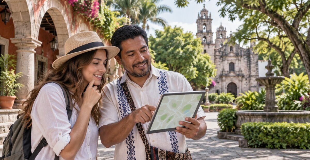 Ilustración de una visitante y un guía consultando una tableta en una plaza arbolada.
