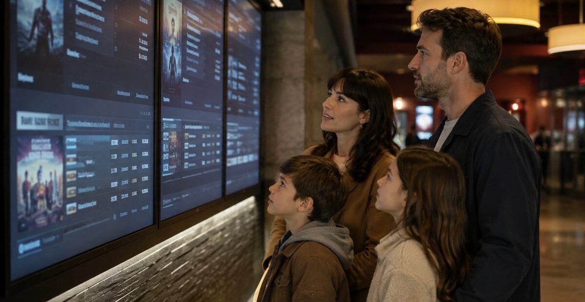 Familia revisa clasificación y horarios de películas antes de elegir una función de cine