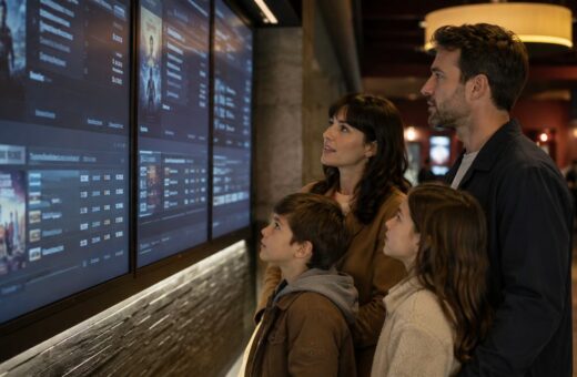 Familia revisa clasificación y horarios de películas antes de elegir una función de cine