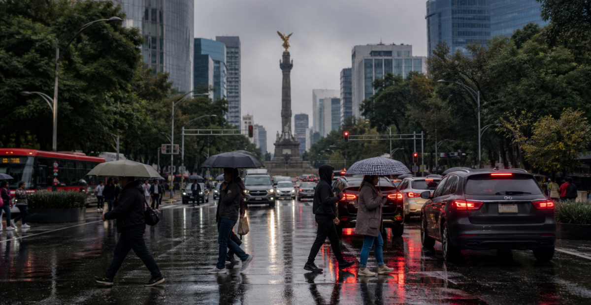 Avenida de la Ciudad de México con tráfico lento y cielo nublado durante una tarde de lluvia.